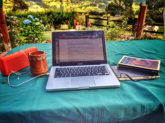 My morning work station on a small farm outside Bogota